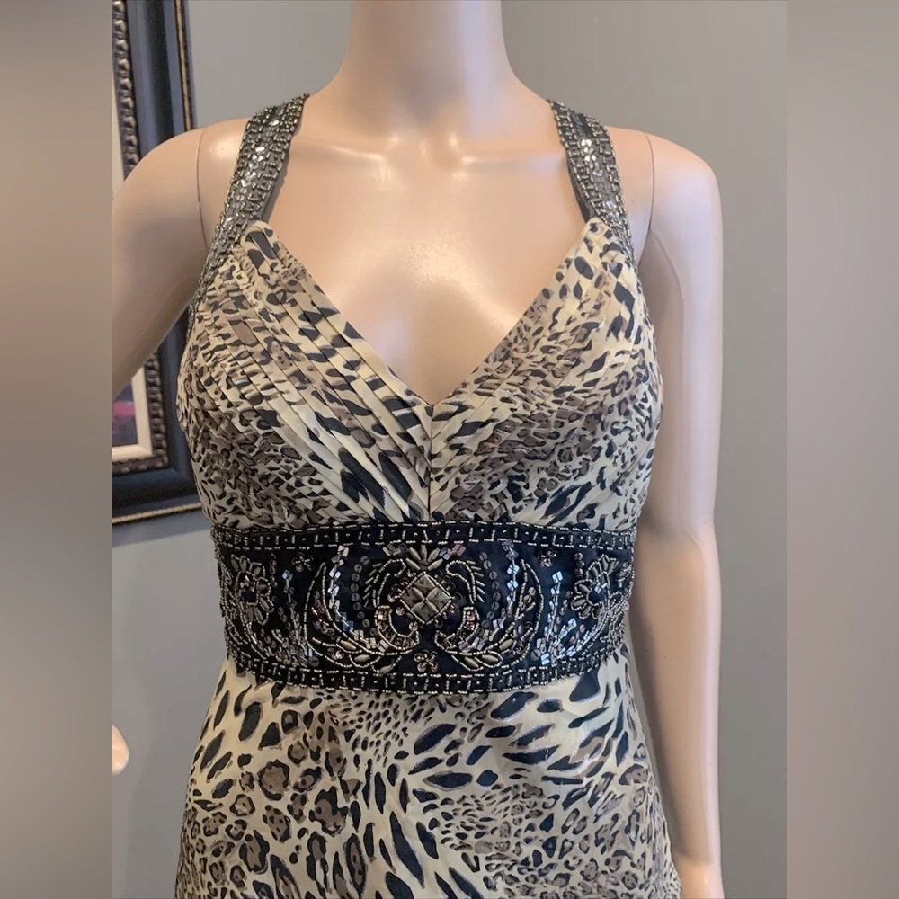 NWT Sue Wong 100% Silk Brown/Black/Gold Animal Print Beaded Dress